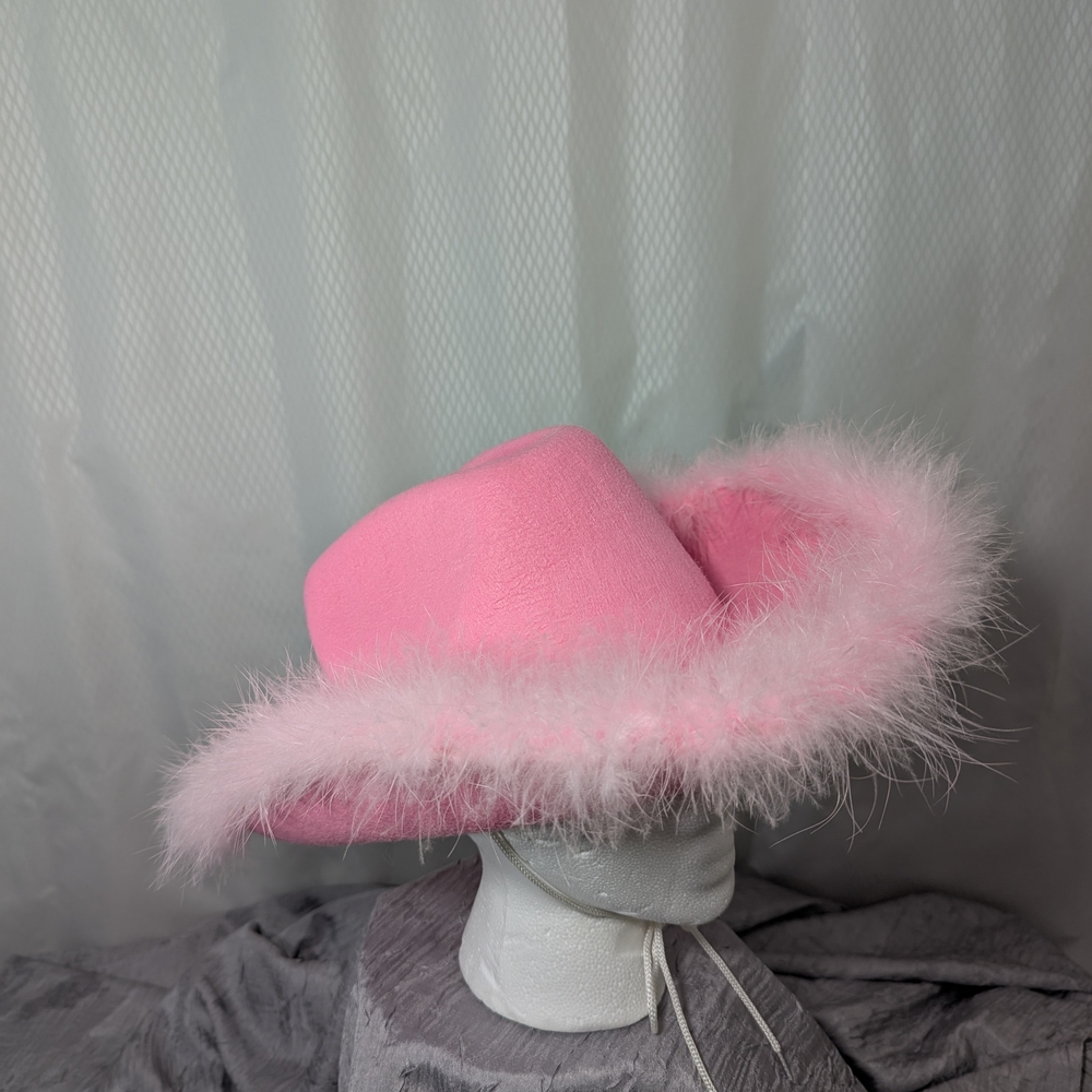 Vibrant Pink Costume Hat (Barbie Cowgirl?) with Fluffy Trim and Wide Brim